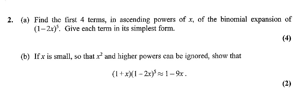Find-the-first-4-terms,-in-ascending-powers-of-$x$,-of-the-binomial-expansion-of-$(1-2x)^5$-Edexcel-A-Level Maths Pure-Question 4-2007-Paper 2.png